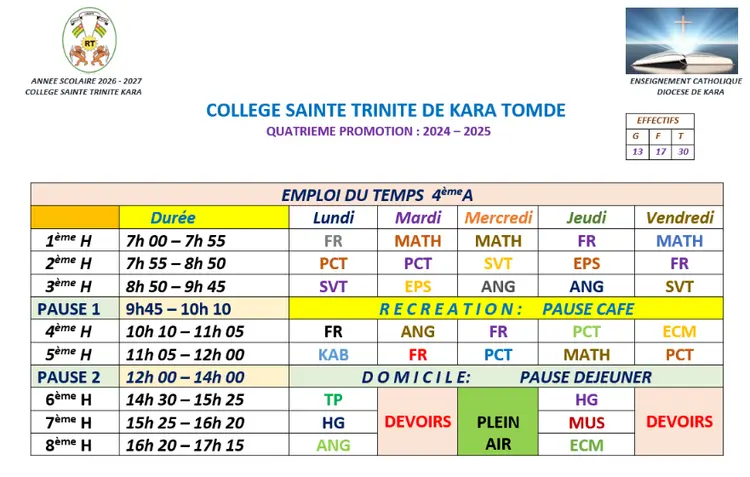 Classe de Quatrième A, 2026-2027