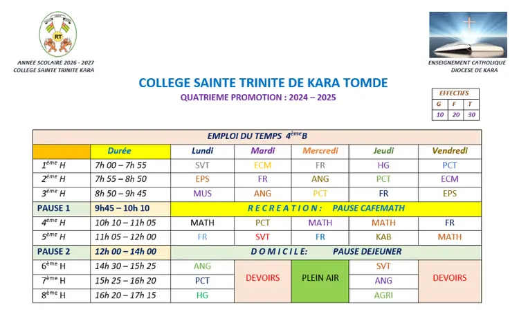 Classe de Quatrième B, 2026-2027