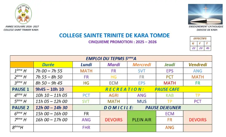 Classe de Cinquième A, 2026-2027